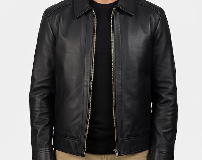 Men's Black Lambskin Leather Jacket – Shirt Collar Harrington Style, Gift for Him