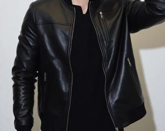 Black Leather Bomber Jacket: Men's Slim Fit Genuine Cowhide