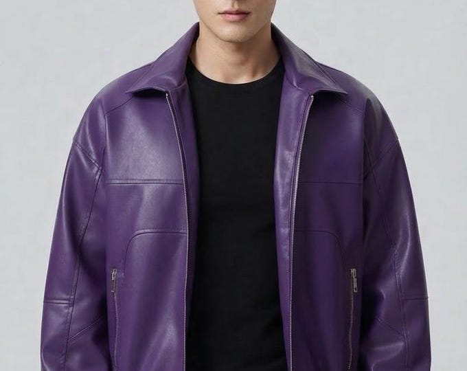 Men's Purple Leather Bomber Jacket – Zip Front Flight Coat, Handmade Gift for Him