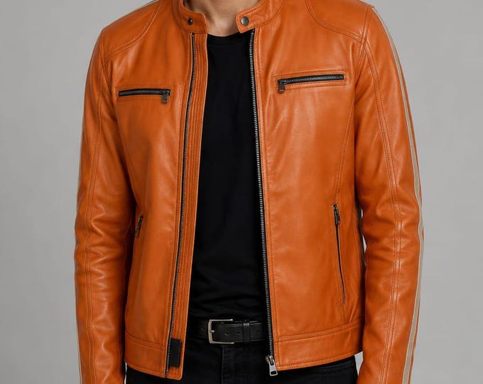 Men's Honey Tan Lambskin Racer Jacket – Band Collar Slim Moto, Gift for Him