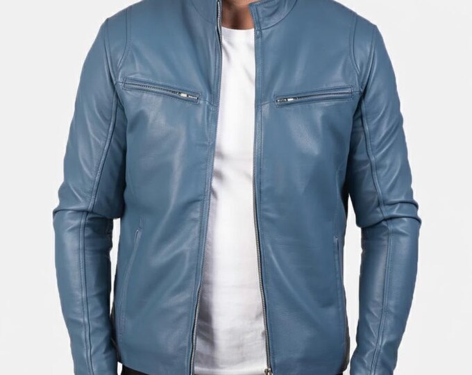 Men's Steel Blue Lambskin Cafe Racer Jacket – Quilted Shoulder Moto Coat, Gift for Him