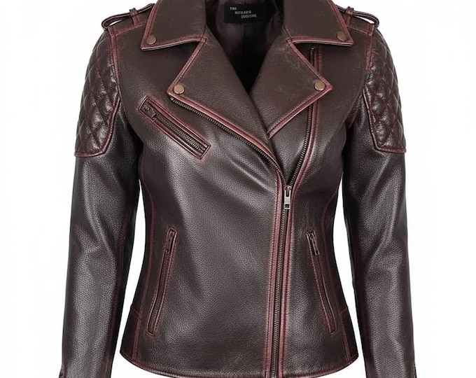 Women's Chocolate Brown Leather Biker Jacket – Slim Fit Moto Coat, Handmade Gift for Her
