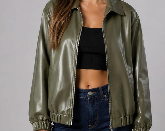 Women's Olive Green Lambskin Bomber Jacket – Oversized Relaxed Zip Coat, Gift for Her