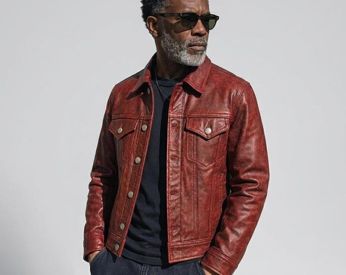 Men's Rust Red Leather Trucker Jacket – Distressed Vintage Button Coat, Gift for Him