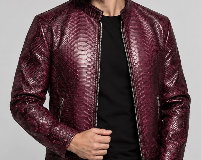 Men's Burgundy Embossed Leather Biker Jacket – Snakeskin Texture Cafe Racer, Gift for Him