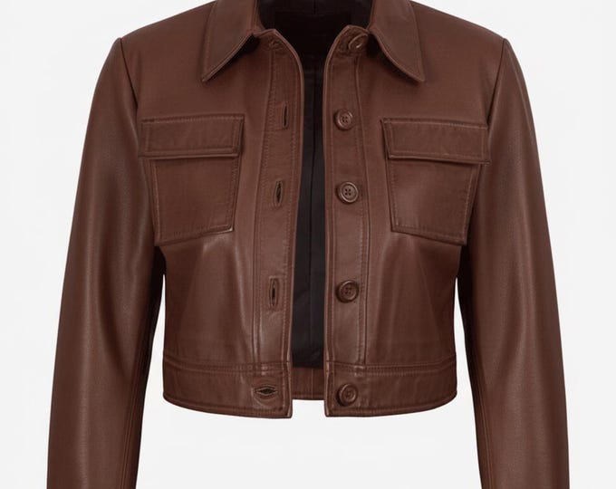 Women's Brown Leather Cropped Trucker Jacket – Button Front Street Style Coat, Gift for Her