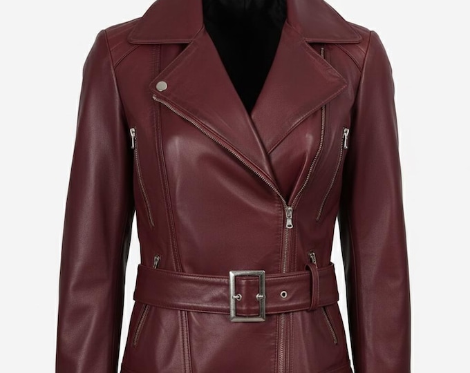 Women's Maroon Leather Biker Jacket – Asymmetric Zip Belted Moto Coat, Gift for Her