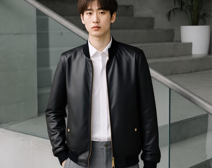 Men's Black Calfskin Leather Bomber Jacket – Stand Collar Smart Casual, Gift for Him