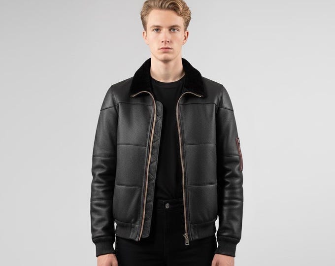 Men's Black Sheepskin Shearling Jacket – Fur Collar Winter Aviator, Gift for Him