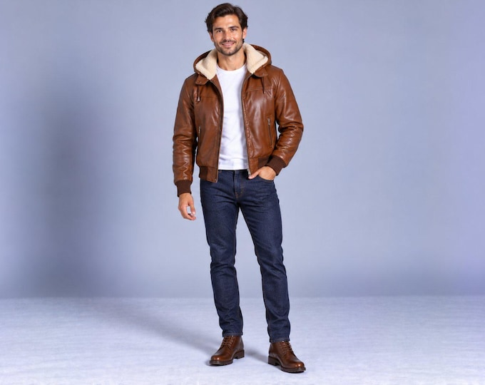 Men's Cognac Leather Hooded Bomber Jacket, Faux Fur Lined Hood Lambskin Winter Jacket