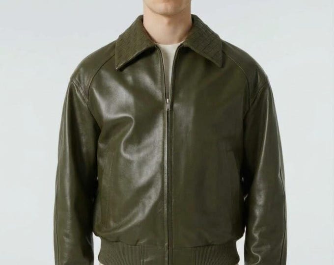 Men's Green Lambskin Leather Bomber Jacket – Slim Fit Genuine Handmade Casual Coat