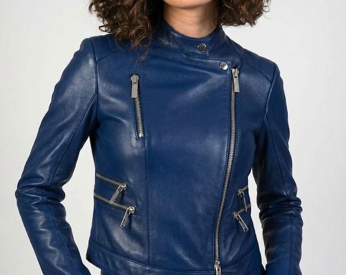 Women's Blue Lambskin Leather Biker Jacket – Slim Fit Genuine Handmade Motorcycle Coat