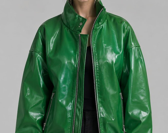 Women's Emerald Green Leather Bomber Jacket – Oversized Glossy Zip Up Coat, Gift for Her