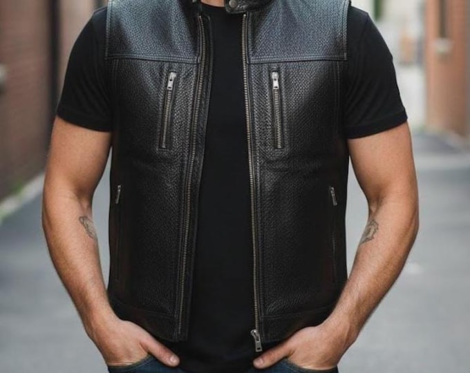 Men's Black Leather Riding Vest – Classic Biker Motorcycle Waistcoat, Handmade Gift for Him