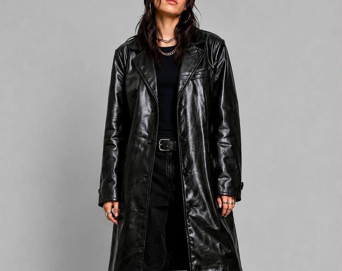 Women's Black Lambskin Leather Trench Coat – Long Glossy Overcoat, Gift for Her