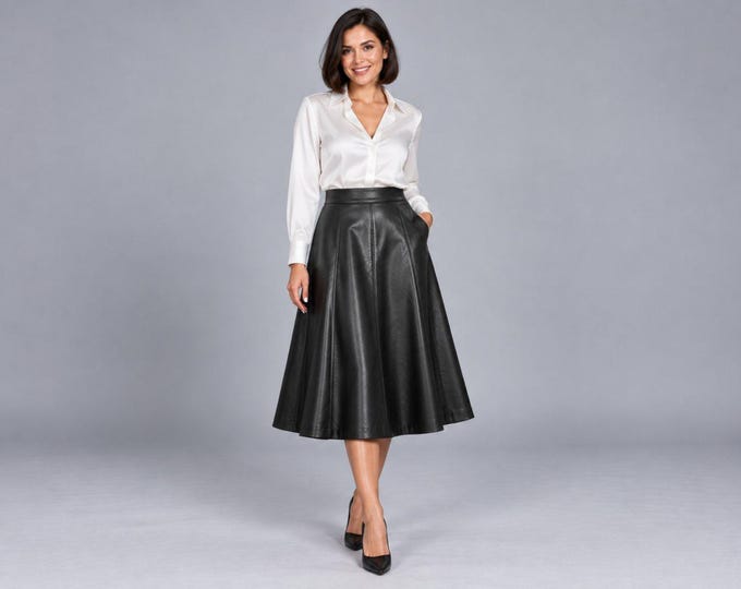 Women's Black Leather Midi Skirt, Flared A Line High Waist Lambskin Skirt