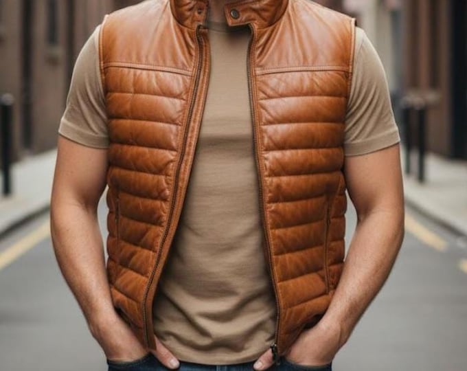 Men's Tan Leather Puffer Vest – Quilted Padded Gilet, Sleeveless Winter Gift for Him