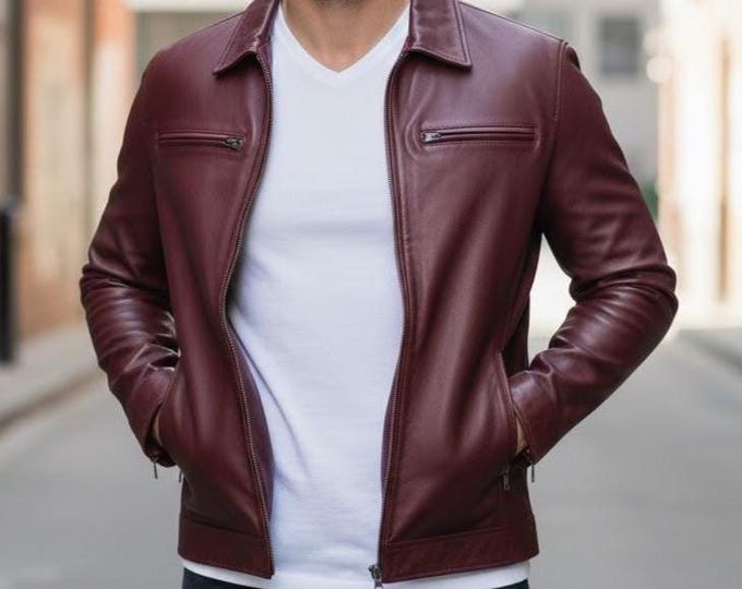 Men's Burgundy Leather Harrington Jacket – Classic Slim Fit Coat, Handmade Gift for Him