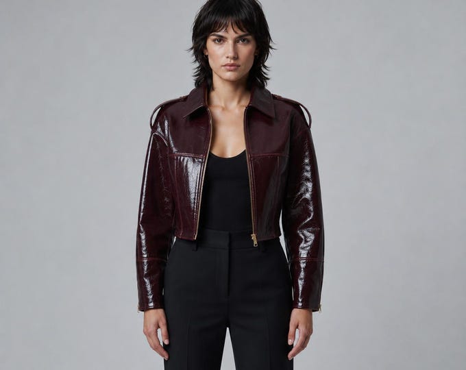 Women's Maroon Leather Cropped Biker Jacket – Structured Collar Moto Coat, Gift for Her
