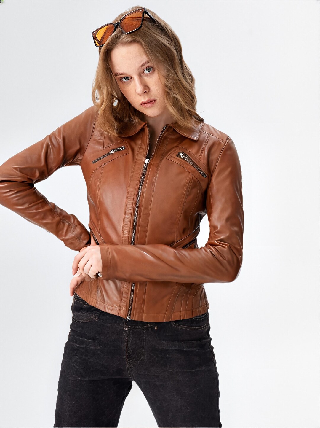 Veste En Cuir D’agneau Doma Pour Femme - Style Moto, Col Montant, Taille S