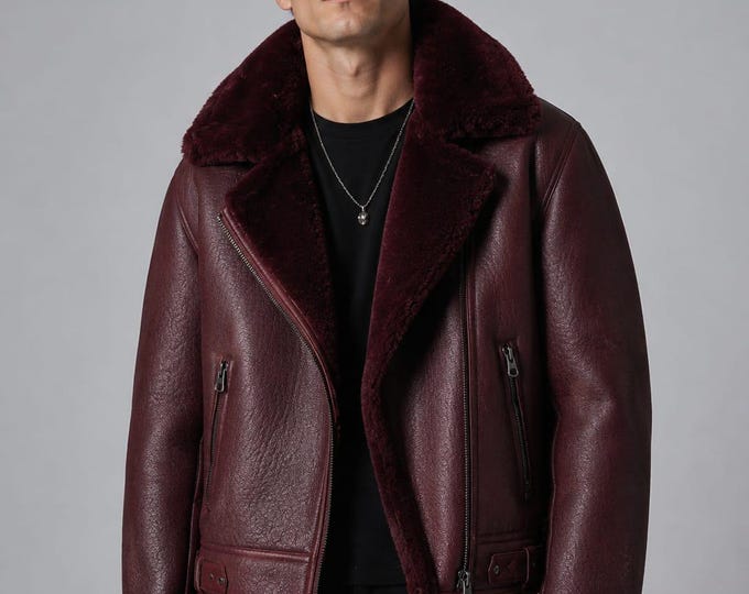 Men's Burgundy Genuine Leather Shearling Biker Jacket Fur Lined Motorcycle Coat Handmade Winter Outerwear
