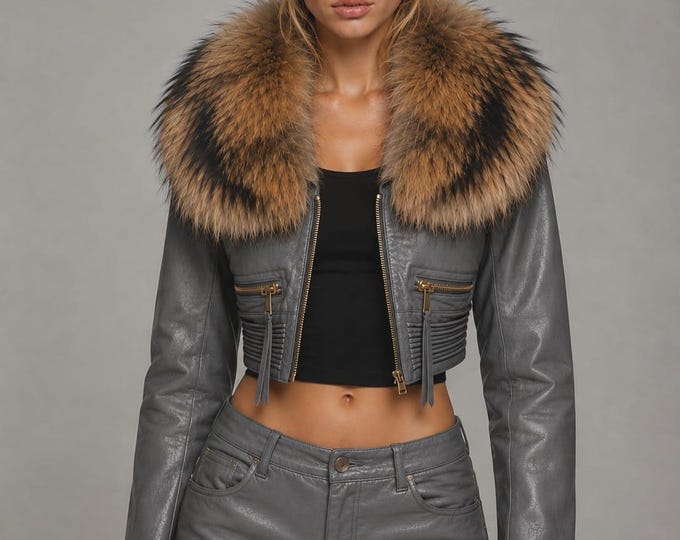 Women's Silver Genuine Leather Biker Jacket – Slim Fit Fur Collar Motorcycle Coat