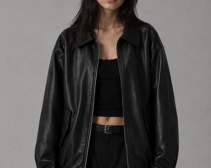 Women's Black Leather Oversized Bomber Jacket – Shirt Collar Casual Coat, Gift for Her