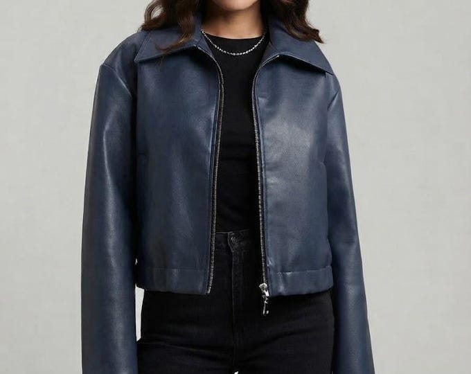 Women's Blue Nappa Leather Coat – Slim Fit Genuine Handmade Zip Outerwear