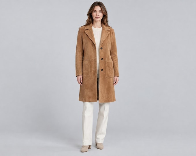 Women's Camel Suede Car Coat, Long 70s Style Overcoat with Notched Lapel