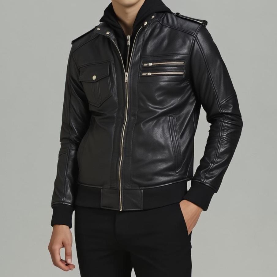 ブラックレザー ボンバージャケット　フード付き ハンドメイド ブラックレザー フード付きボンバージャケット - メンズ