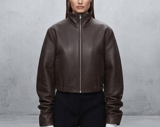 Women's Brown Lambskin Leather Bomber Jacket – Slim Fit Genuine Handmade Casual Coat