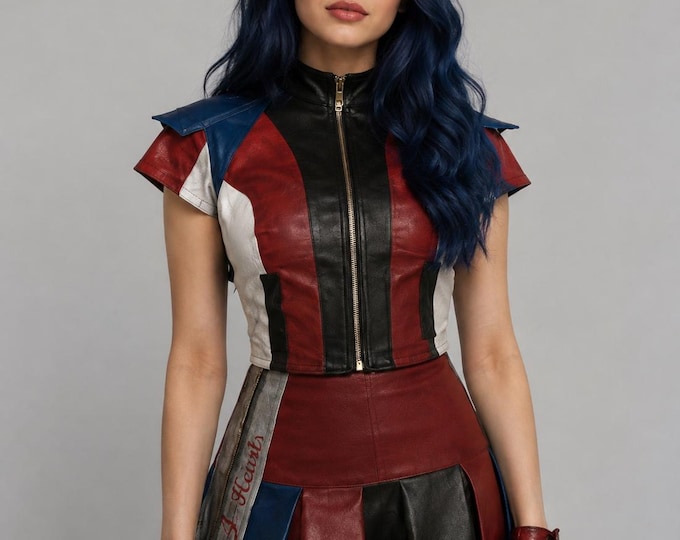 Women's Red Black White Leather Moto Vest – Colorblock Racing Waistcoat, Gift for Her
