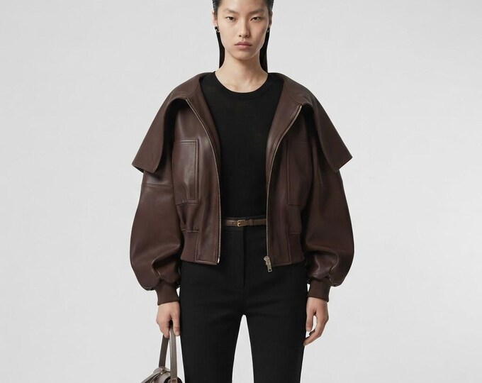 Women's Brown Lambskin Leather Bomber Jacket – Slim Fit Genuine Handmade Casual Coat