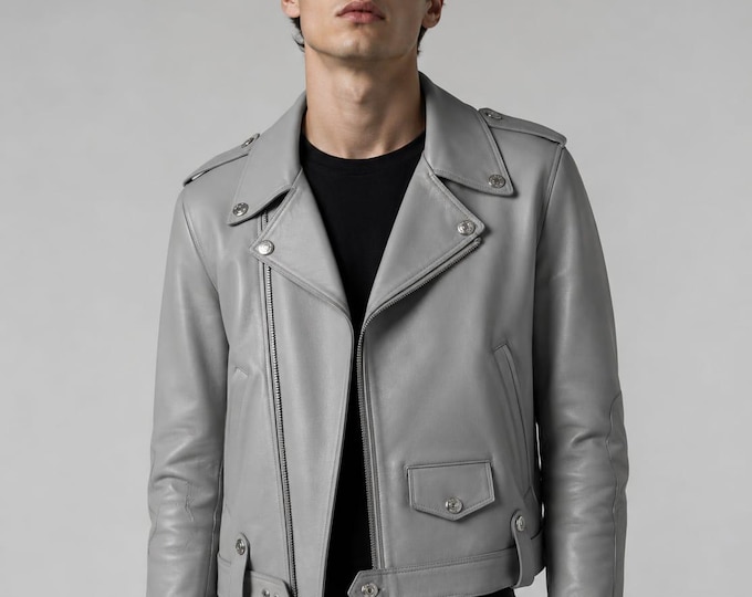 Men's Silver Leather Biker Jacket – Metallic Asymmetric Moto Coat, Handmade Gift for Him