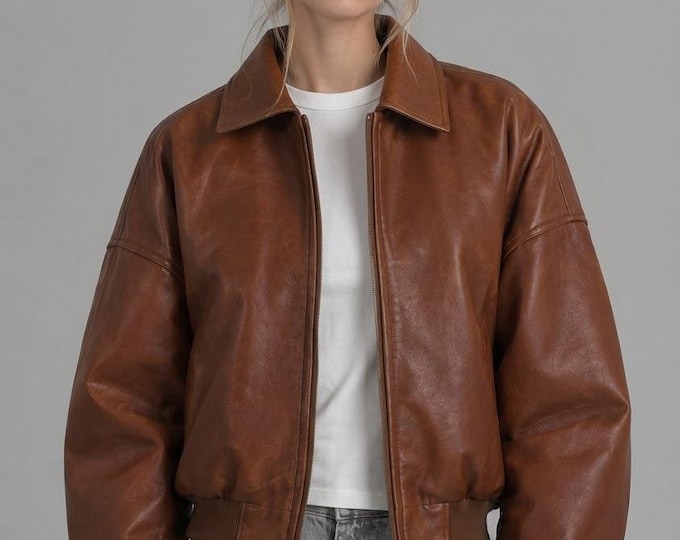 Women's Brown Leather Bomber Jacket – Classic Casual Flight Coat, Handmade Gift for Her