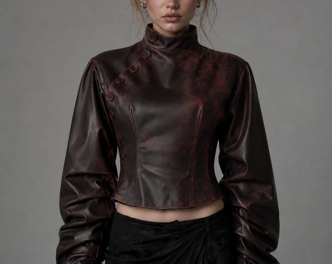 Women's Brown Leather Vintage Jacket – Mandarin Collar Button Front Coat, Gift for Her