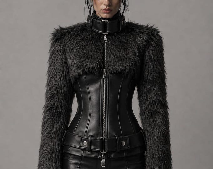 Women's Black Fur Leather Biker Jacket – Textured Shaggy Moto Winter Coat, Gift for Her