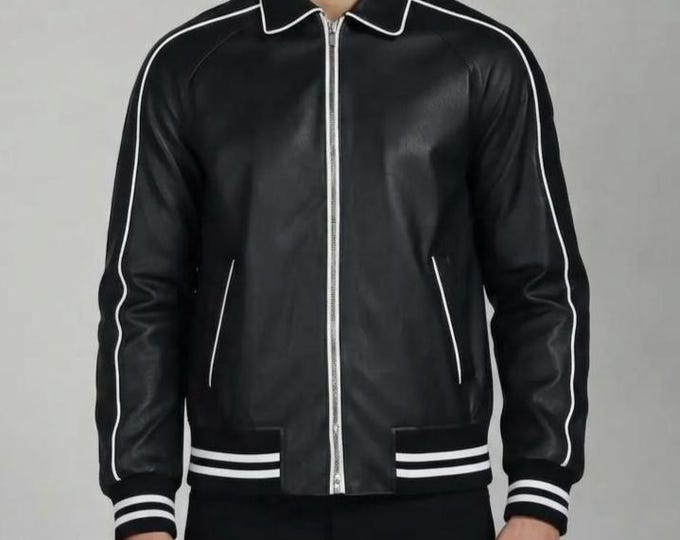 Men's Black Leather Varsity Jacket – Classic Letterman Bomber Coat, Handmade Gift for Him