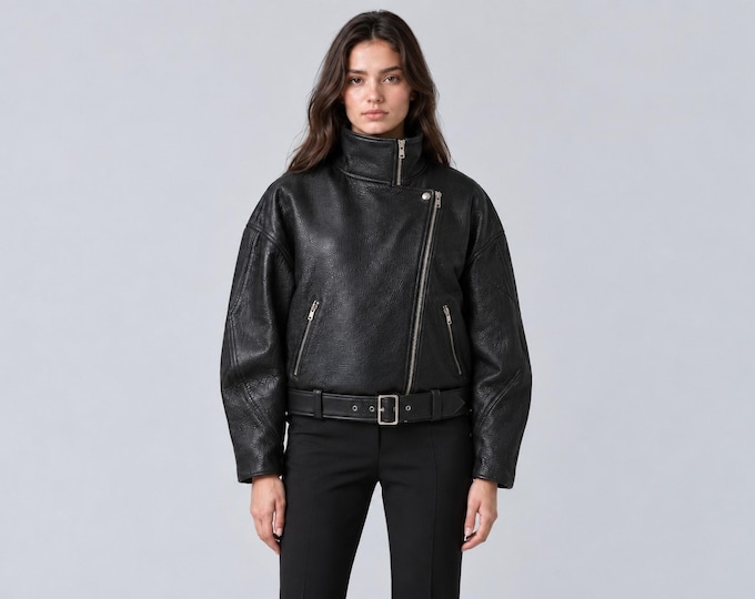 Women's Oversized Black Leather Moto Jacket, Belted Pebbled Biker Coat with Funnel Collar