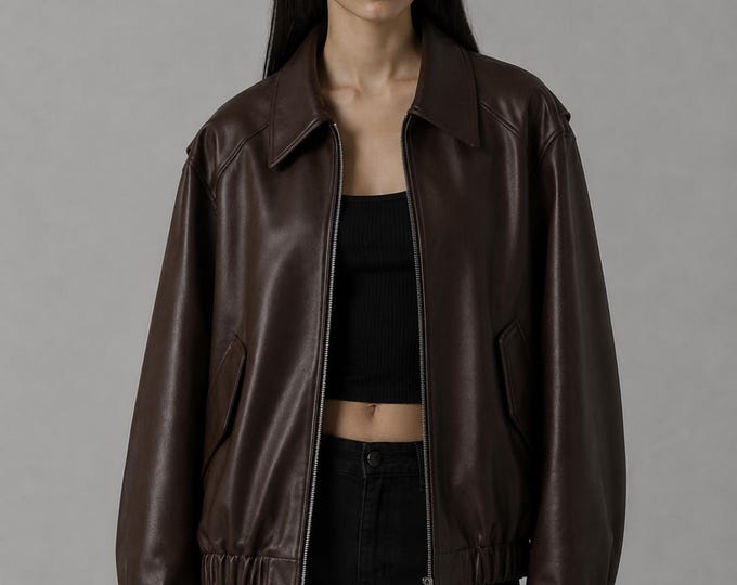 Women's Brown Leather Bomber Jacket – Casual Streetwear Zip Coat, Handmade Gift for Her
