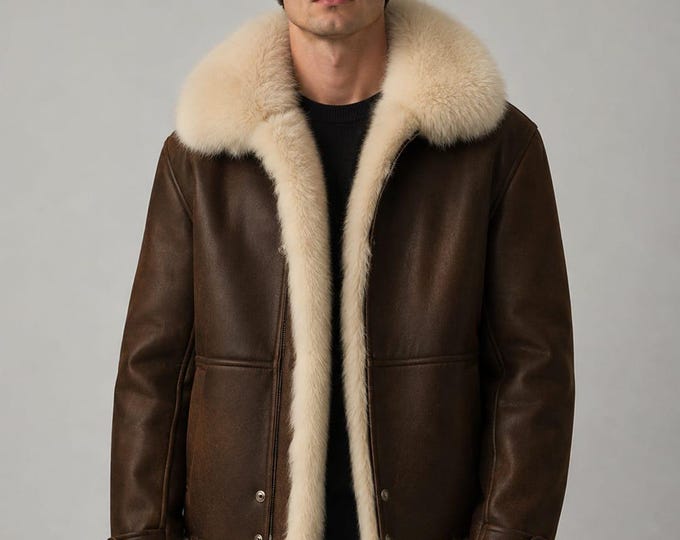 Men's Brown Genuine Shearling Leather Jacket Fur Collar Slim Fit Winter Coat Handmade Aviator Outerwear