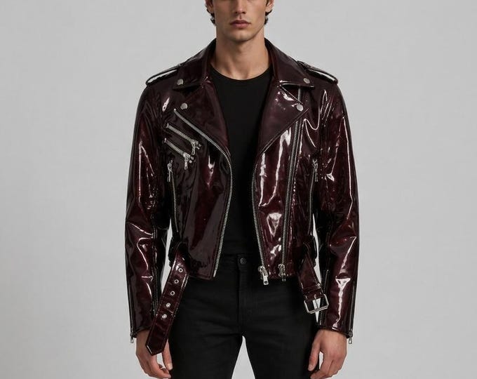 Men's Maroon Patent Leather Biker Jacket – Glossy Asymmetric Moto Coat, Gift for Him