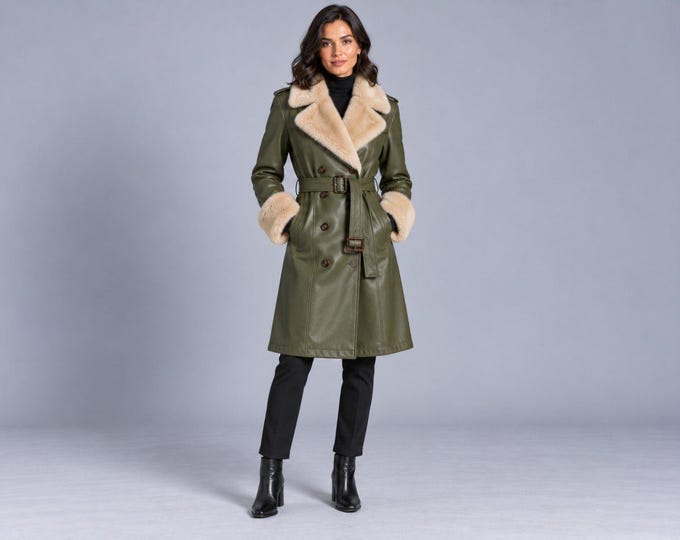 Women's Olive Leather Trench Coat, Faux Fur Collar Belted Winter Coat, Gift for Her