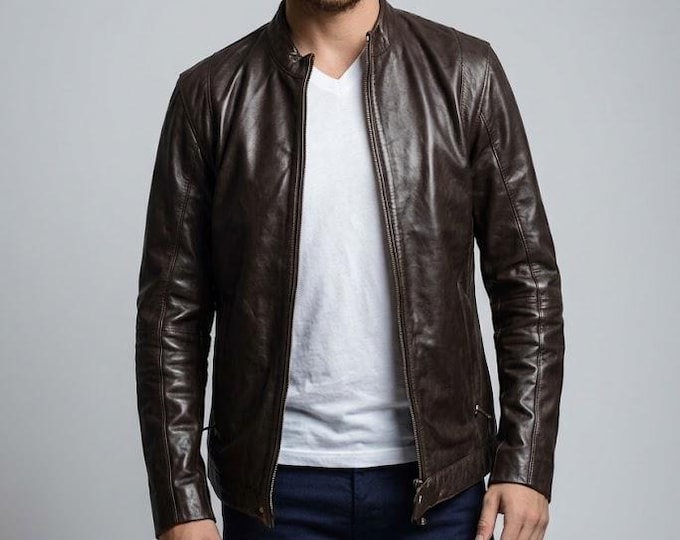 Men's Brown Lambskin Leather Biker Jacket – Slim Fit Genuine Handmade Motorcycle coat
