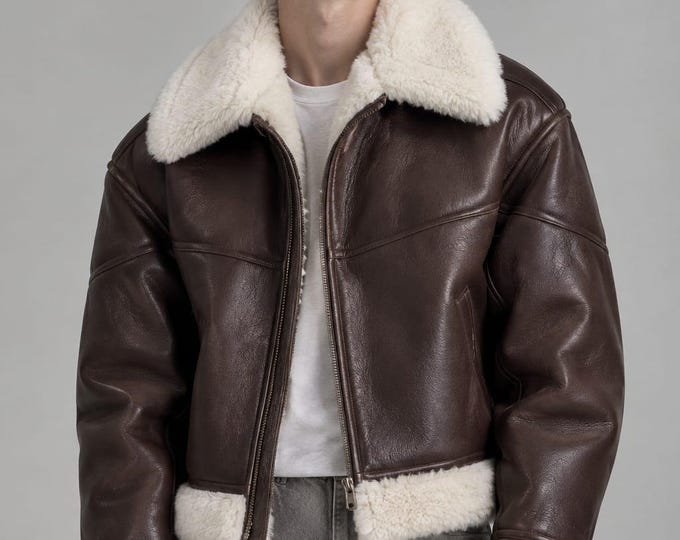 Men's Brown Sheepskin Shearling Aviator Jacket – Fur Collar B3 Winter Coat, Gift for Him