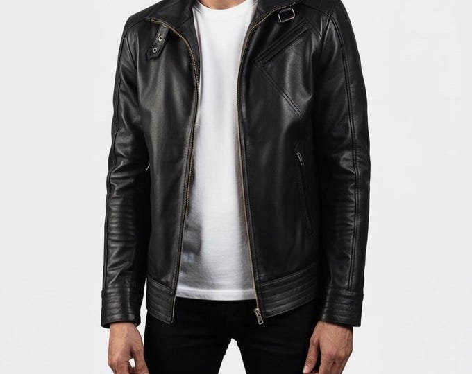 Men's Black Lambskin Perfecto Biker Jacket – Asymmetric Zip Belted Moto Coat, Gift for Him