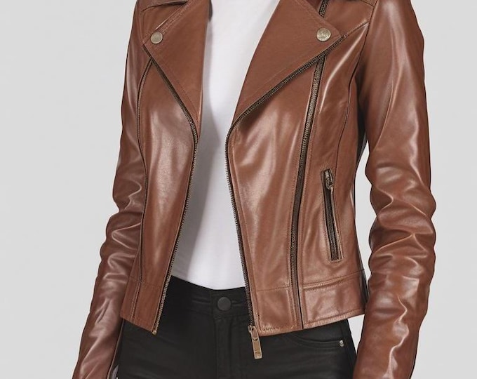 Women's Brown Leather Biker Jacket – Cropped Asymmetric Moto Coat, Gift for Her