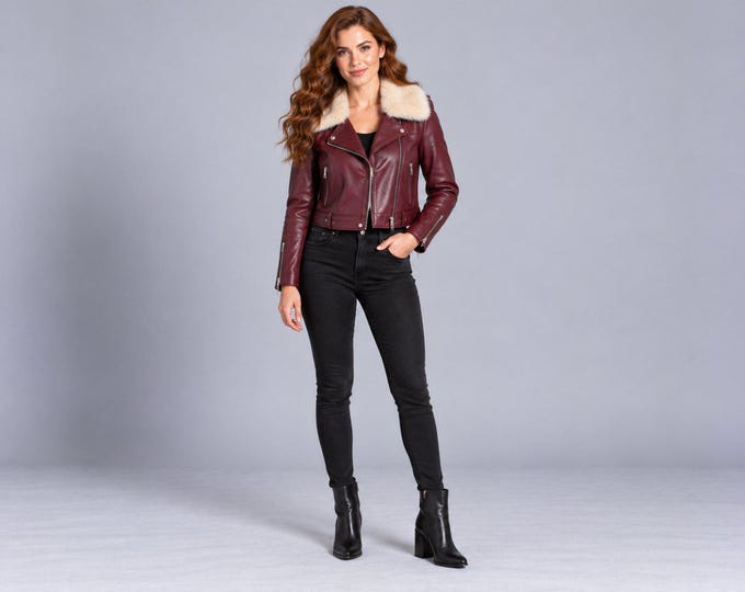 Women's Burgundy Cropped Biker Jacket, Faux Fur Collar Leather Winter Coat