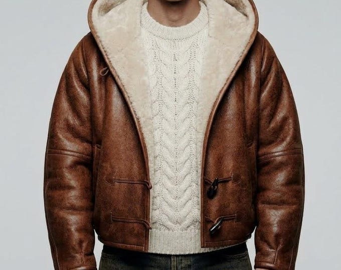Men's Brown Genuine Leather Shearling Jacket Fur Collar Winter Aviator Coat Handmade Toggle Closure