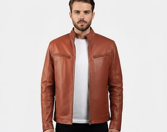 Handmade Tan Brown Lambskin Leather Biker Jacket | Slim Fit